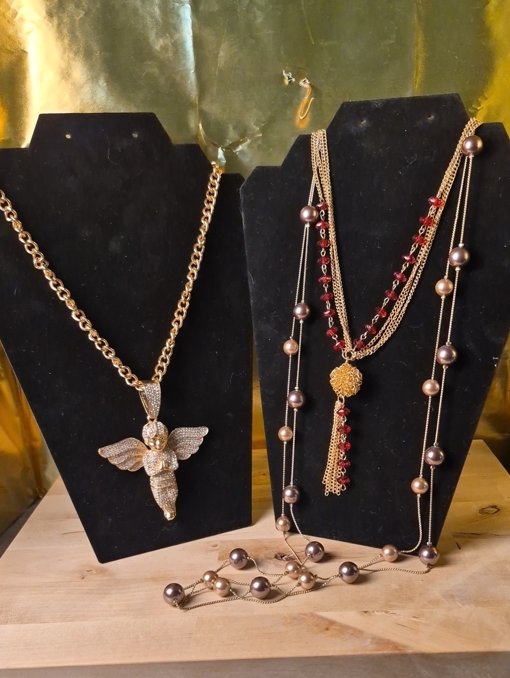 Gold-Tone Angel Pendant & Layered Beaded Tassel Necklace Set